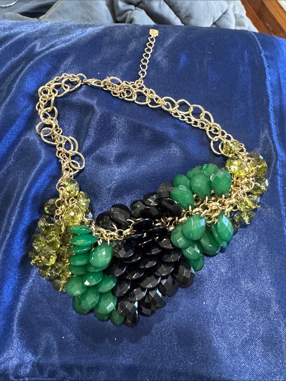 Gold Chain Statement Necklace with Green and Black Gemstones
